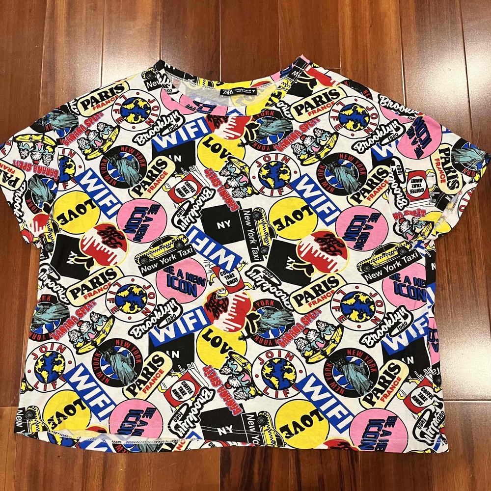 Zara White‎ Graphic T-shirt Top Short Sleeve Round Neck Multicolor Print Size M